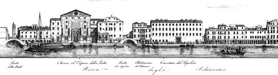 Antico disegno di Riva degli Schiavoni con la Chiesa e l'Ospedale della Piet