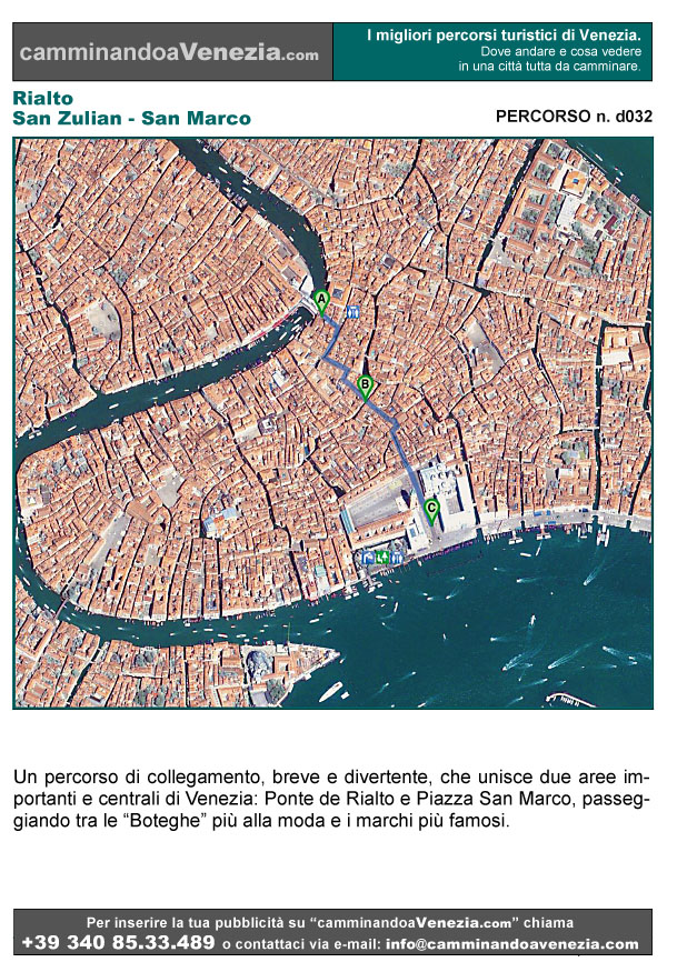 Vista satellitare di Venezia e dell'intero itinerario a032 da Rialto a San Marco