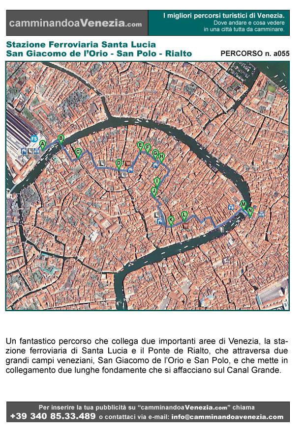 Vista satellitare di Venezia e dell'intero itinerario a055 dalla Stazione Ferroviaria di Santa Lucia a Rialto