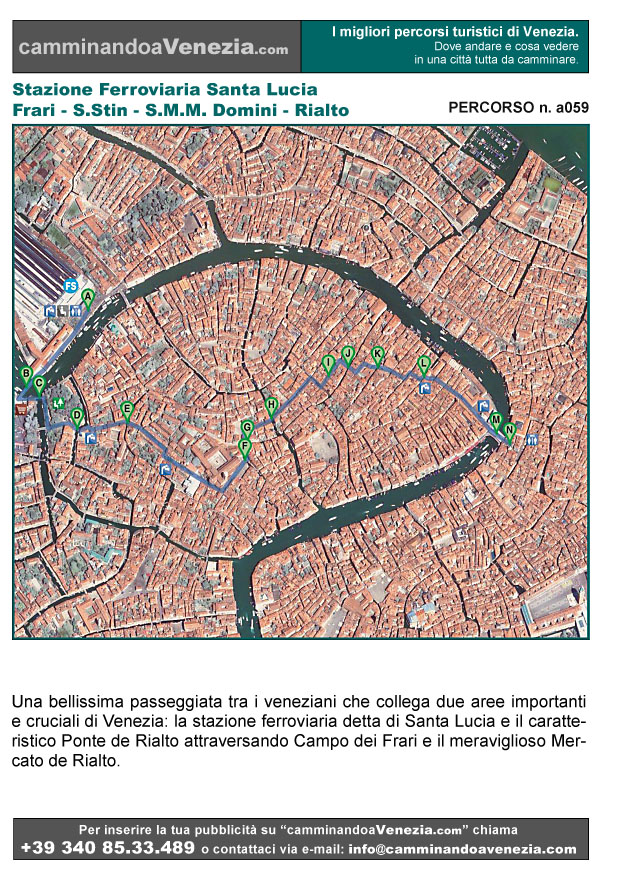 Vista satellitare di Venezia e dell'intero itinerario a059 dalla Stazione Ferroviaria di Santa Lucia a Rialto